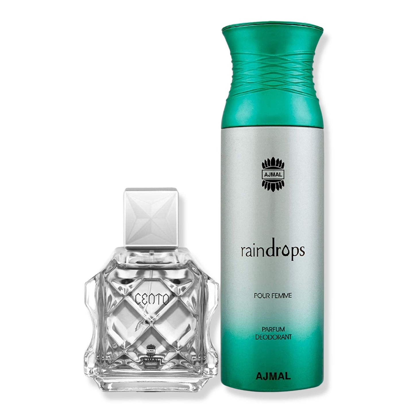 Ajmal Cento EDP Citrus Aromatic Perfume 100ml for Men and Raindrops Femme Deodorant Floral Chypre Fragrance 200ml for Women+1 Parfum Tester