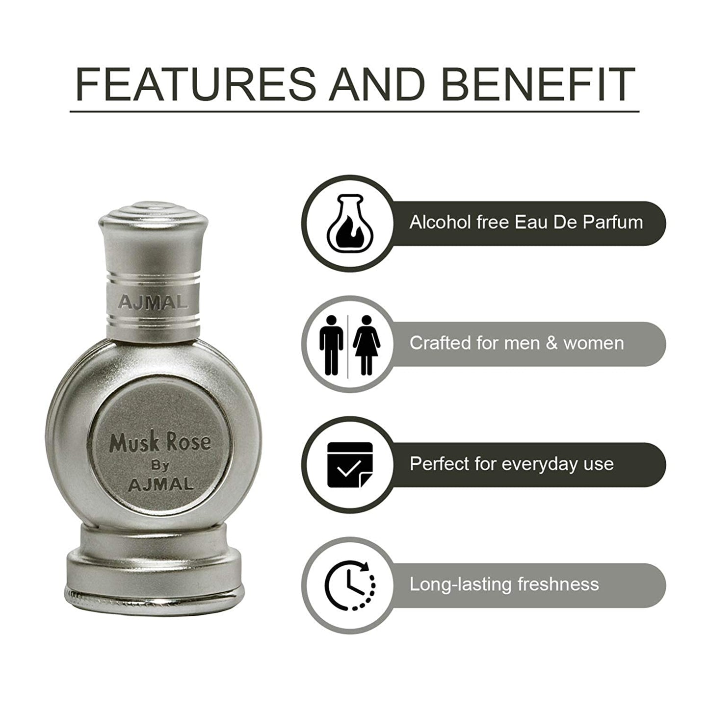 Ajmal Neutron EDP Citrus Fruity Perfume 100ml for Men and Musk Rose Concentrated Perfume Oil Floral Musky Alcohol-free Attar 12ml for UnisexPerfume Oil Fruity Floral Alcohol-free Attar 10ml for Women