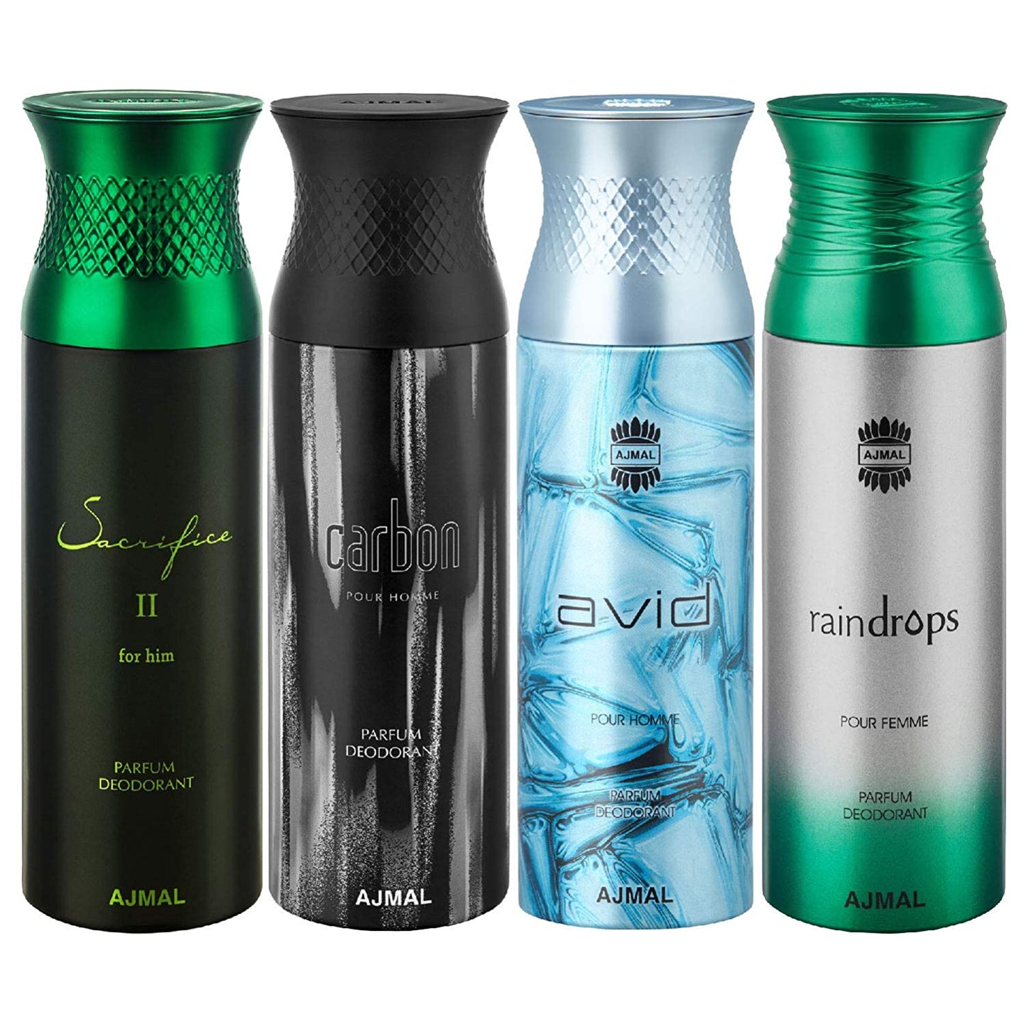 Ajmal SacrificeIIHim & Carbon & Avid & Raindrops Deodorant Spray- For Men (200 ml, Pack of 4)