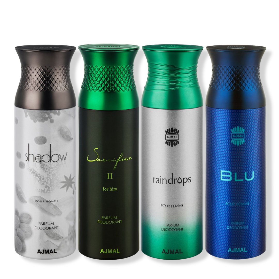 Ajmal Shadow Homme & SacrificeIIHim & Raindrops for Women & Blu Deodorant Perfume- For Men (200 Ml, Pack Of 4)