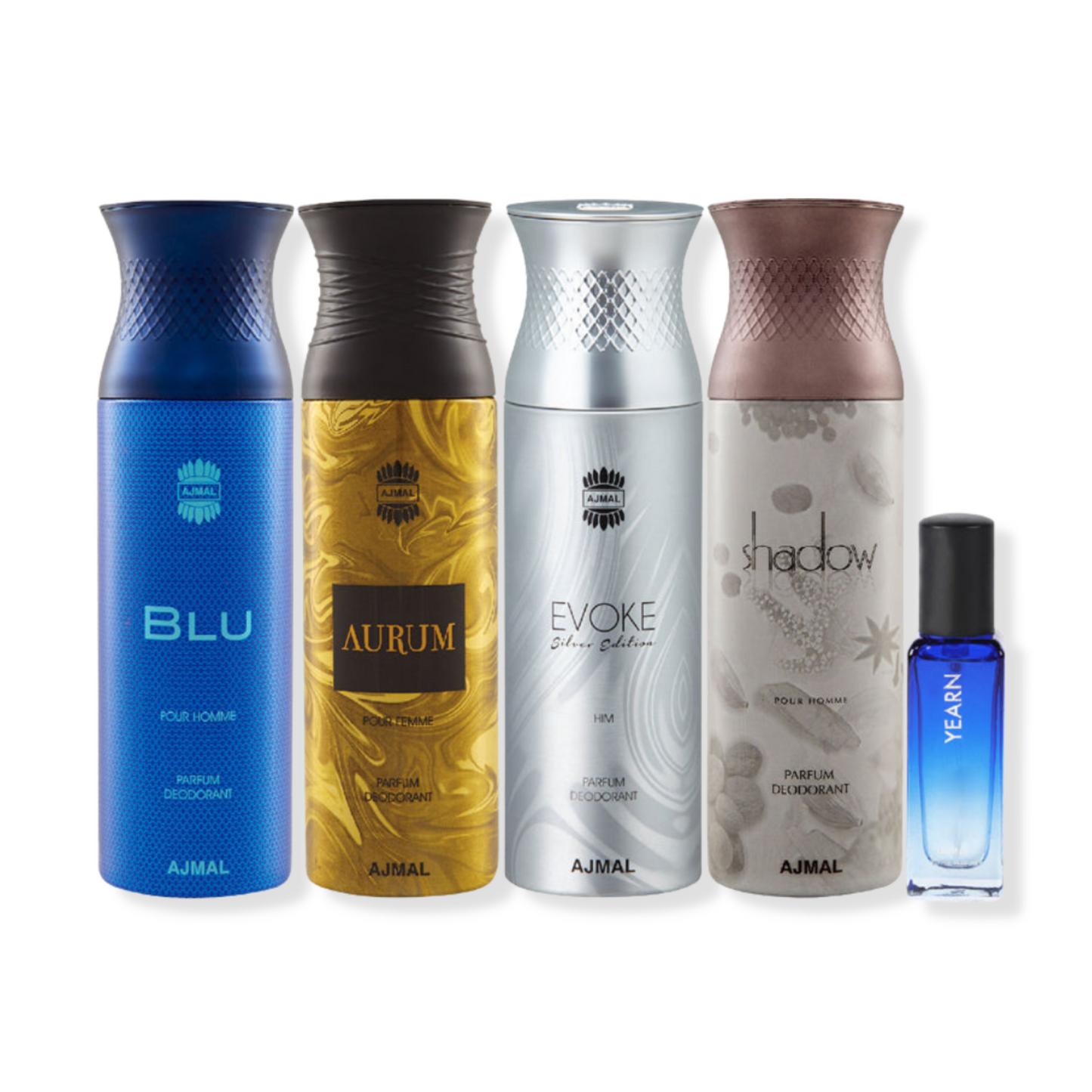 Ajmal Blu & Aurum & Evoke Silver Edition Homme & Shadow Homme Deo Each 200ML & Yearn Eau De Parfum 20ML Pack Of 4 (Total 820ML) For Men & Women