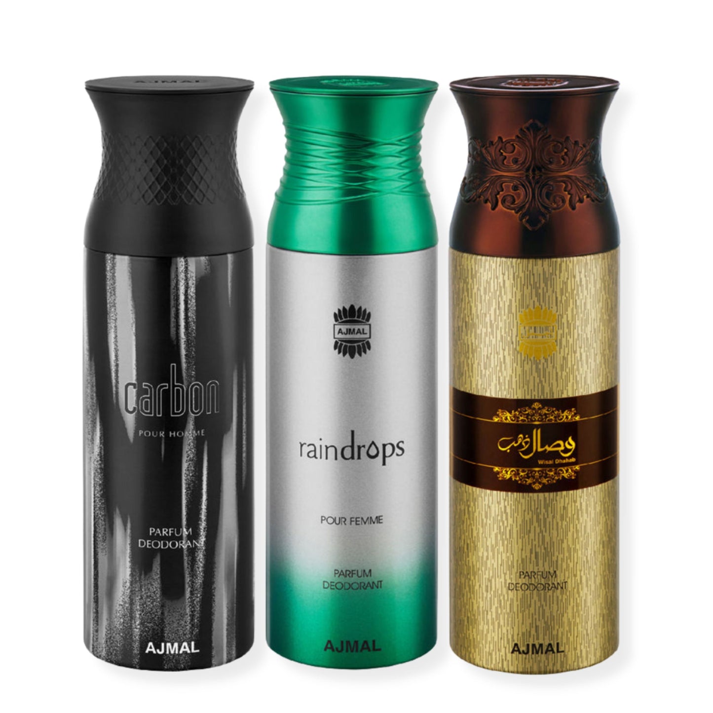 Ajmal Carbon & Raindrops & Wisal Dahab Deodorant Perfume - For Men & Women (200 ml, Pack Of 3)