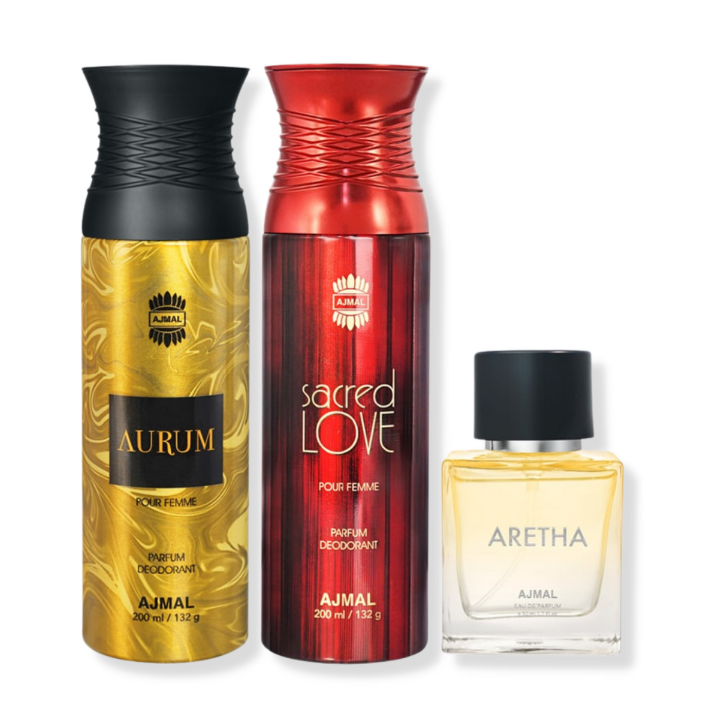 Ajmal Aurum Femme Deo 200 ml and Sacred love Deodorant Spray Gift For Men & Women each 200 ml and Aretha EDP 50 ml for Women