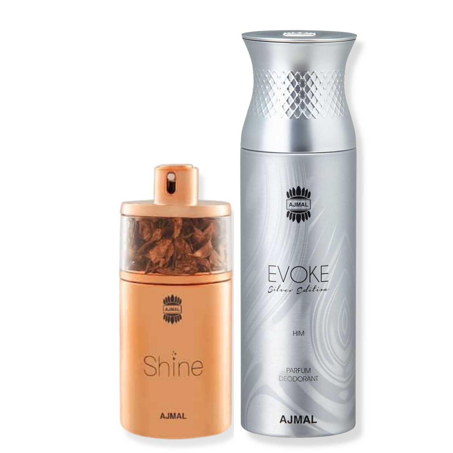 Ajmal Shine Edp Powdery 75ml For Women And Evoke Silver Edition Him Deodorant Spicy 200ml For Men