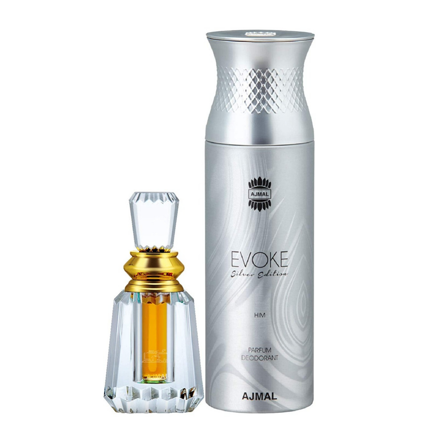 Ajmal Oudh Mukhallat Concentrated Perfume Oil Women Alcohol-Free Attar 6ml For Unisex And Evoke Silver Edition Him Deodorant 200ml For Men