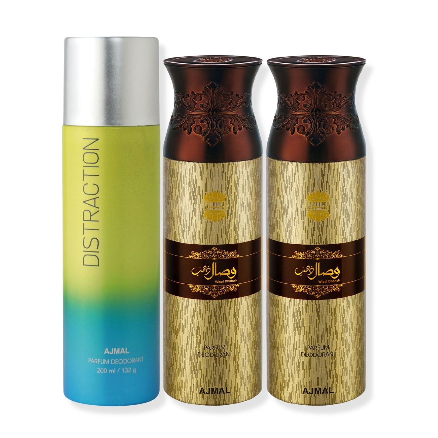Ajmal Distraction For Men & Women And Wisal Dhahab For Men Deodorants Each 200ML Combo Pack Of 3 (Total 600ML)