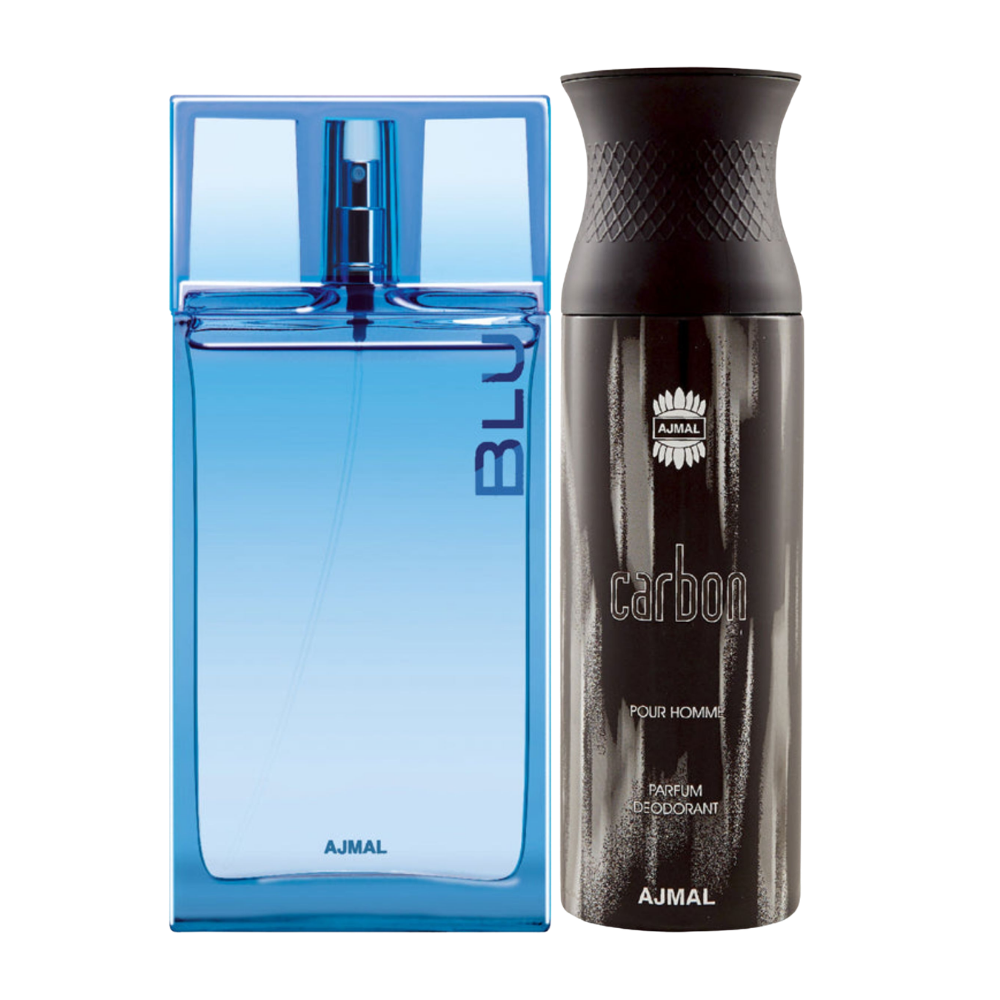 Ajmal Blu Eau De Parfum 90ml Perfume For Men And Carbon Homme Deodorant 200ml For Men