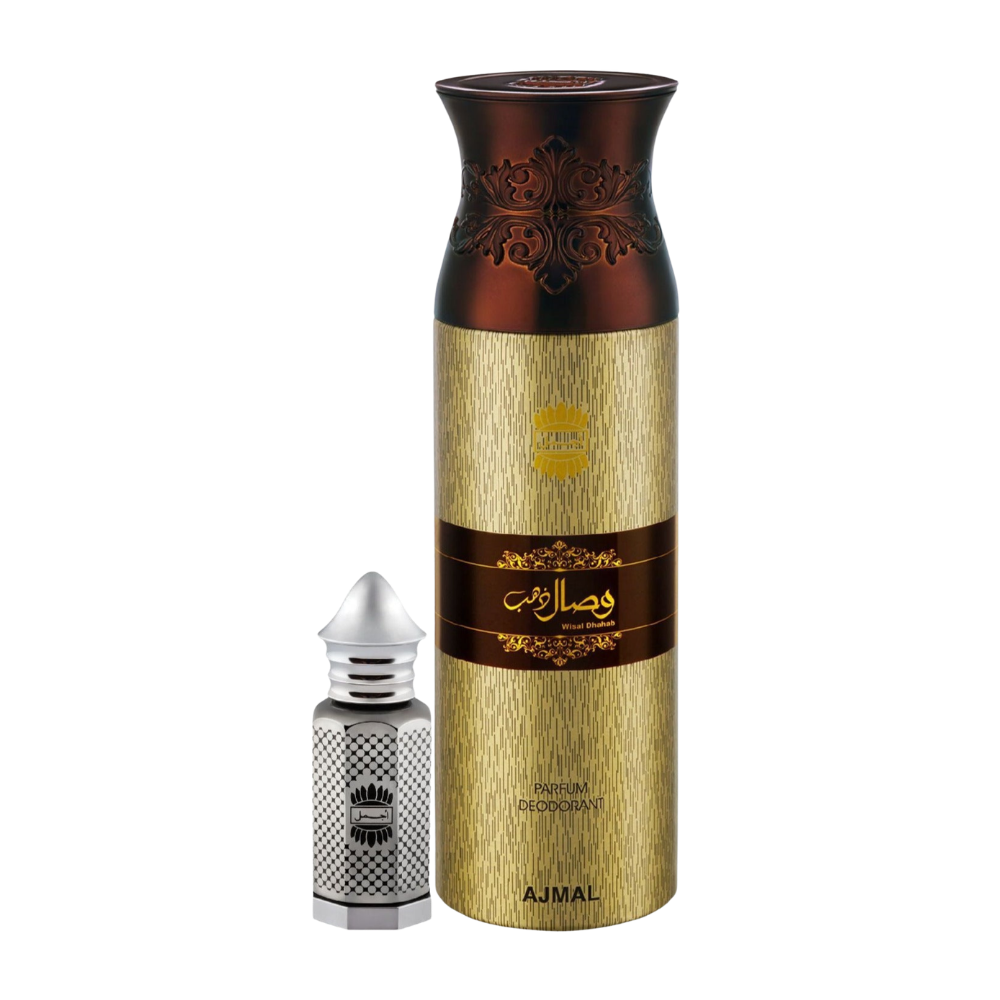 Ajmal Asher Concentrated Perfume Oil Alcohol-Free Attar 12ml For Unisex And Wisal Dhahab Deodorant 200ml For Men