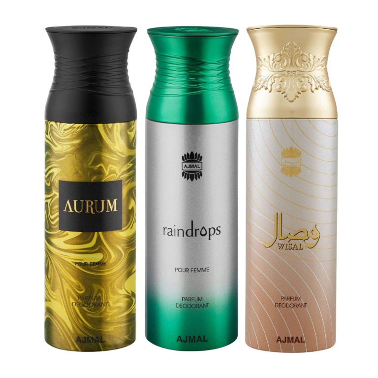 Ajmal Aurum & Raindrops & Wisal Deodorant Spray - For Women (200 Ml, Pack Of 3)