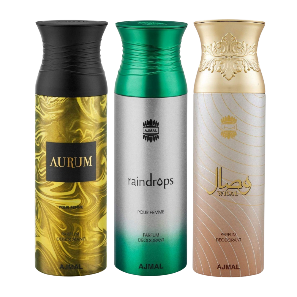 Ajmal Aurum & Raindrops & Wisal Deodorant Spray - For Women (200 Ml, Pack Of 3)