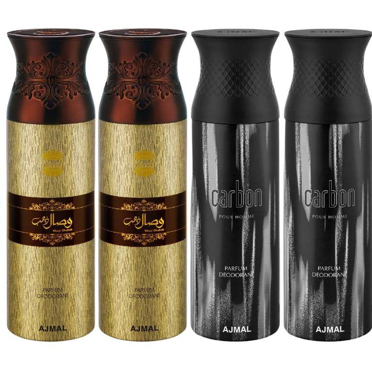 Ajmal Carbon Deodorant Perfume & Wisal Dhahab - For Men (200 ml, Pack Of 4)