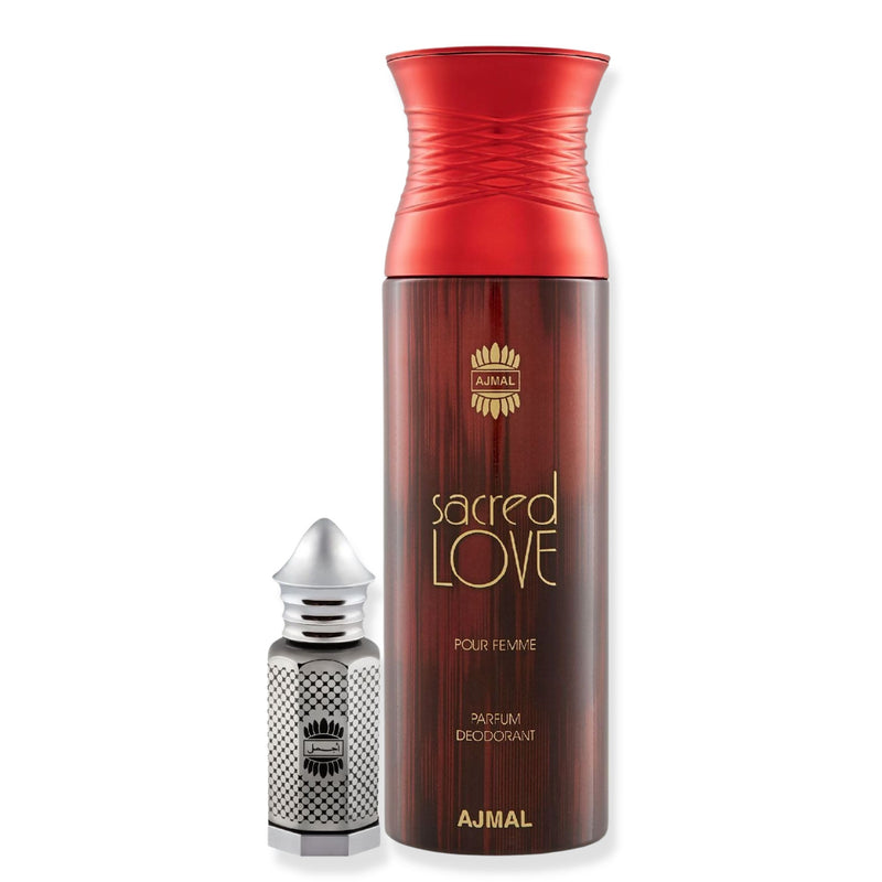 Ajmal Asher Concentrated Perfume Oil Alcohol-Free Attar 12ml For Unisex And Sacred Love Deodorant 200ml For Women