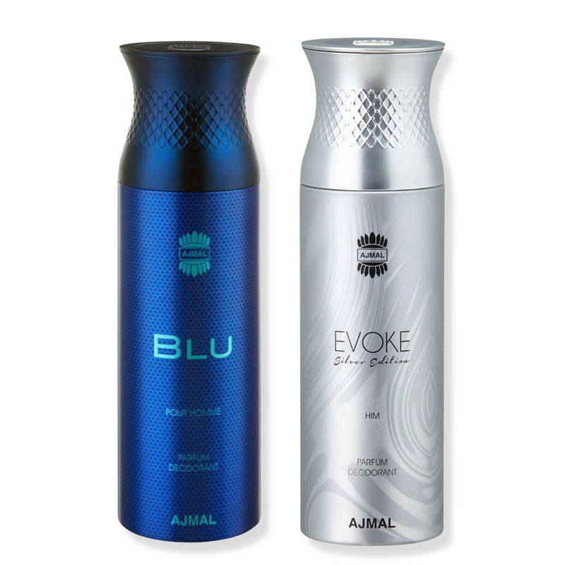Ajmal Blu & Evoke Silver Edition Parfum Deodorant For Men - Pack Of 2 (Each 200ml)