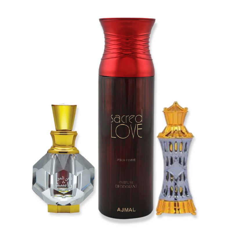 Ajmal Sacred Love Parfum Deodorant Spray 200 ML & AJMAL MIZYAAN 14ML & Ajmal Dahnul Oudh Raashid Concentrated Perfume Free From Alcohol 3ml