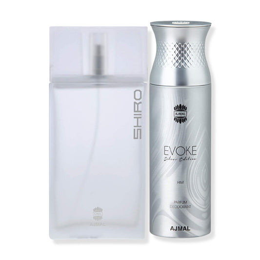 Ajmal Shiro EDP Citrus Spicy Perfume 90ml for Men and Evoke Silver Edition Him Deodorant Spicy Floral Fragrance 200ml for Men