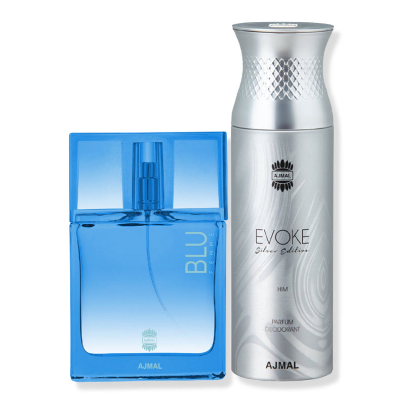 Ajmal Blu Femme Eau De Parfum 50ml Perfume For Women And Evoke Silver Edition Him Deodorant 200ml For Men