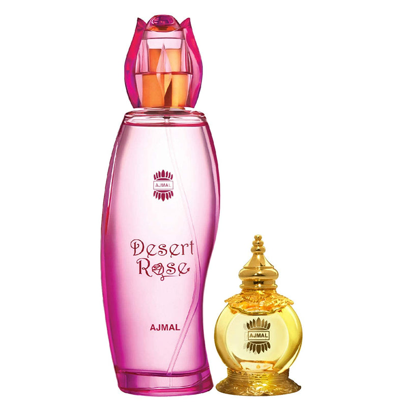 Ajmal Desert Rose EDP Floral Oriental Perfume 100ml for Women and Mukhallat AL Wafa Concentrated Perfume Oil Oriental Musky Alcohol-free Attar 12ml for Unisex