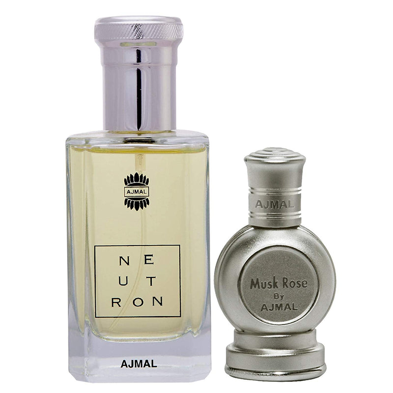 Ajmal Neutron EDP Citrus Fruity Perfume 100ml for Men and Musk Rose Concentrated Perfume Oil Floral Musky Alcohol-free Attar 12ml for UnisexPerfume Oil Fruity Floral Alcohol-free Attar 10ml for Women