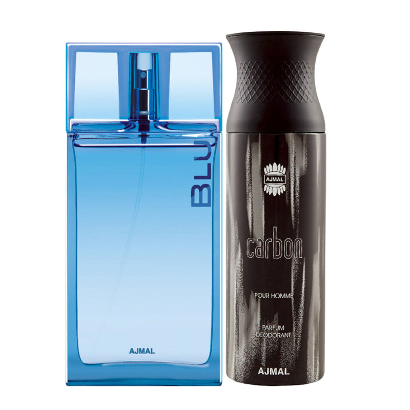 Ajmal Blu Eau De Parfum 90ml Perfume For Men And Carbon Homme Deodorant 200ml For Men