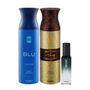 Ajmal Blu Homme & Wisal Dhahab Deo Each 200ml & Prose Eau De Parfum 20ml Pack Of 3 (Total 420ml) For Men & Women