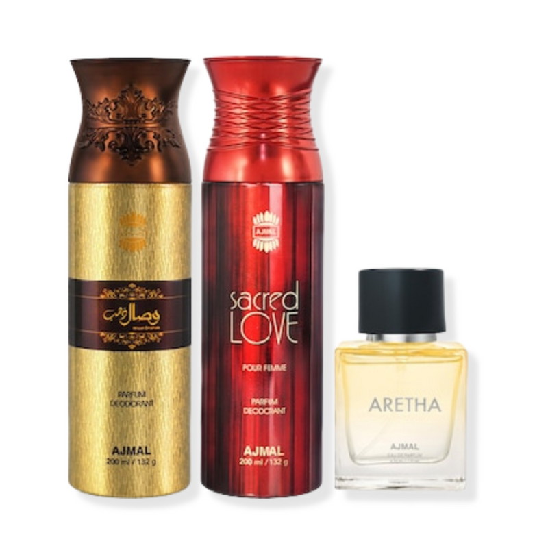 Ajmal Wisal Dhahab & Sacredlove Deodorant Spray Gift For Unisex Each 200 Ml And Aretha Edp 50 Ml For Women (450 Ml, Pack Of 3)