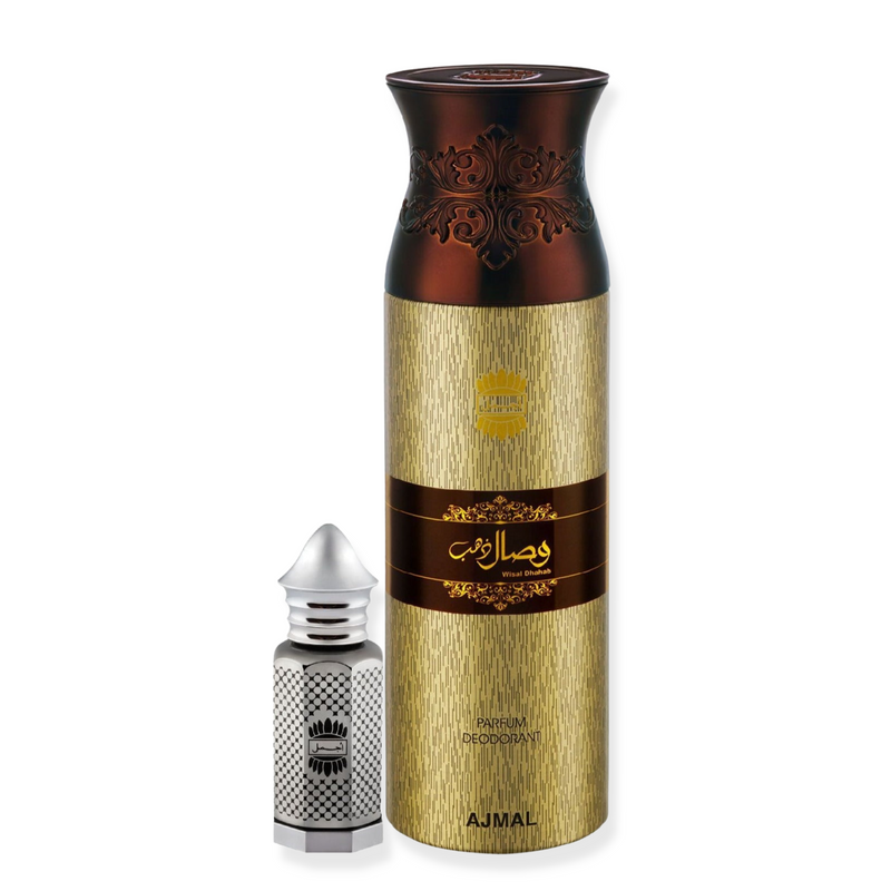 Ajmal Asher Concentrated Perfume Oil Alcohol-Free Attar 12ml For Unisex And Wisal Dhahab Deodorant 200ml For Men
