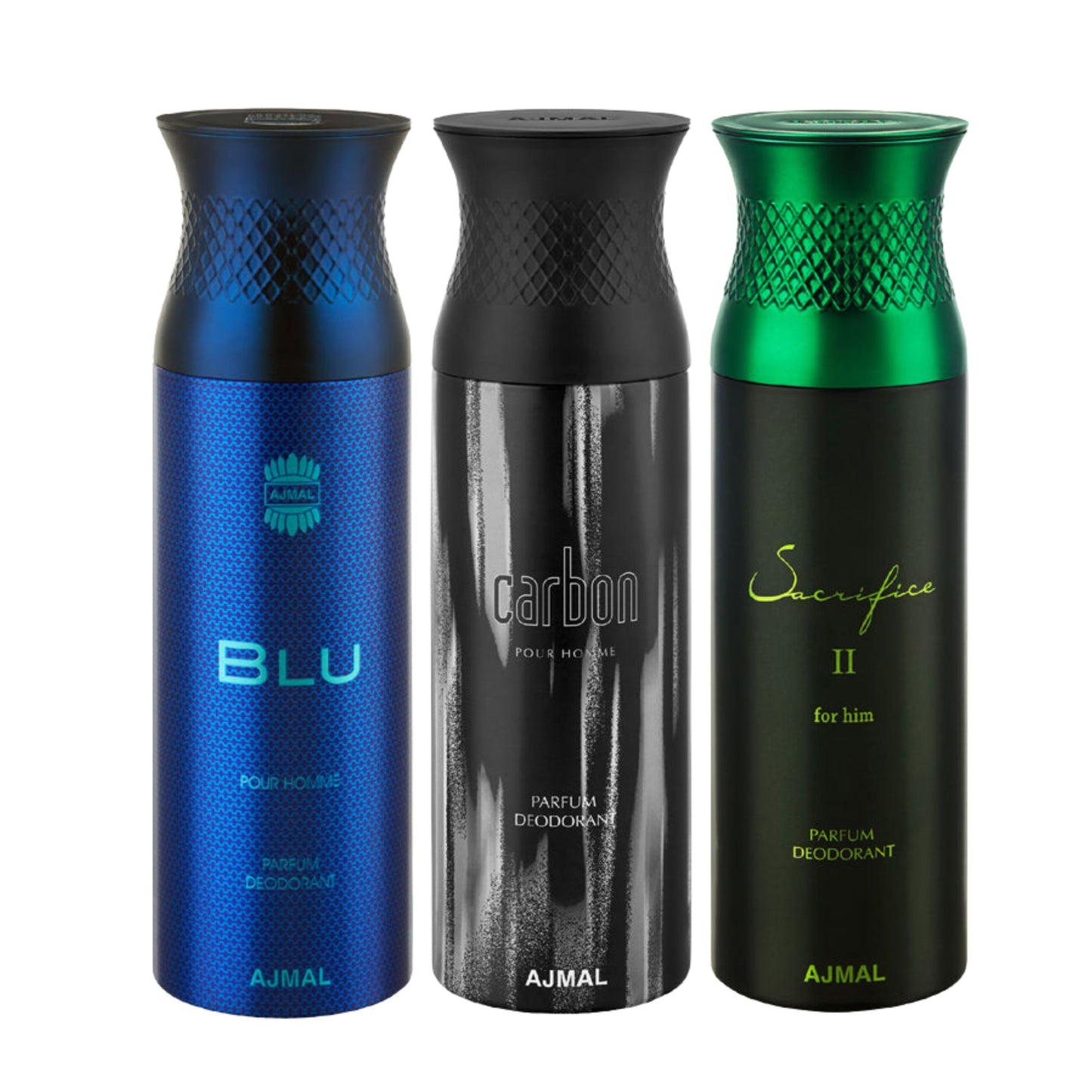Ajmal Blu & Carbon & Sacrifice II Deodorant Perfume - For Men (200 ml, Pack Of 3)