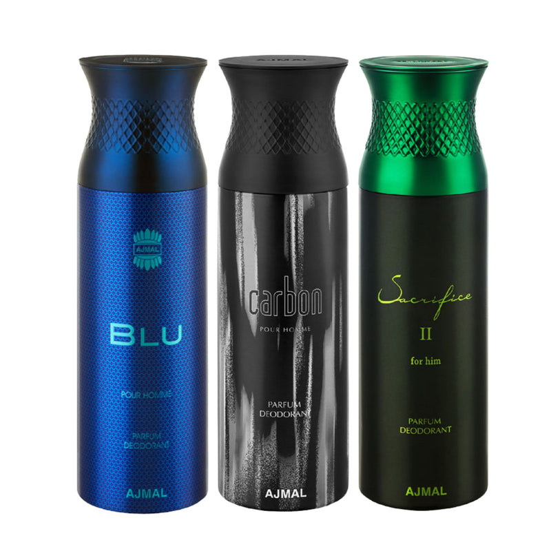Ajmal Blu & Carbon & Sacrifice II Deodorant Perfume - For Men (200 Ml, Pack Of 3)