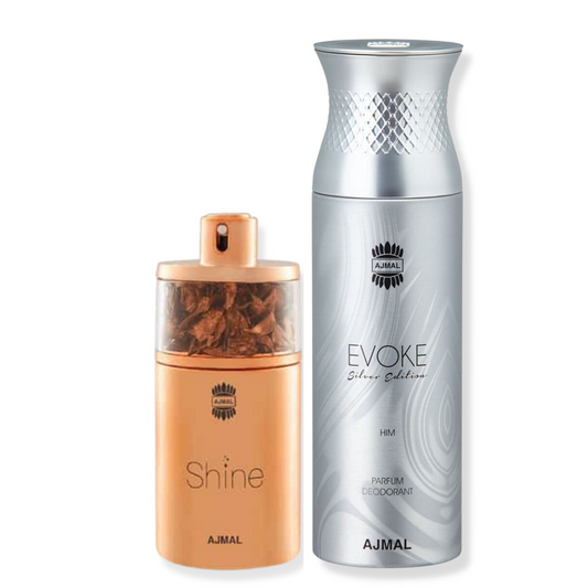 Ajmal Shine Edp Powdery 75ml For Women And Evoke Silver Edition Him Deodorant Spicy 200ml For Men