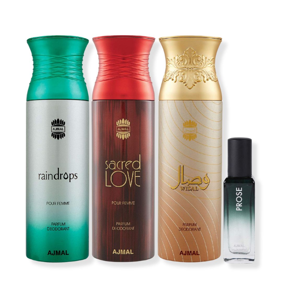 Ajmal Sacred Love & Raindrops & Wisal Deo each 200ML & Prose EDP 20ML Pack of 3 (Total 620ML) for Men & Women + 2 Parfum Testers