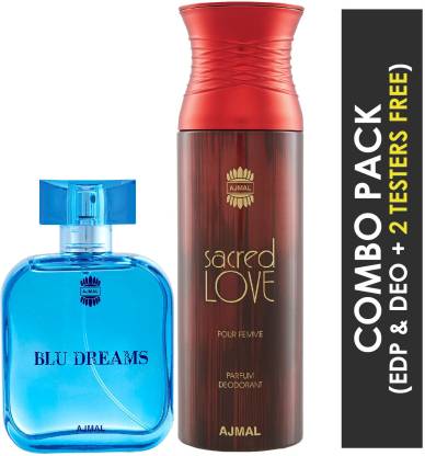 Ajmal Blu Dreams EDP Citurs Fruity Perfume 100ml for Men and Sacred Love Deodorant Floral Musky Fragrance 200ml for Women